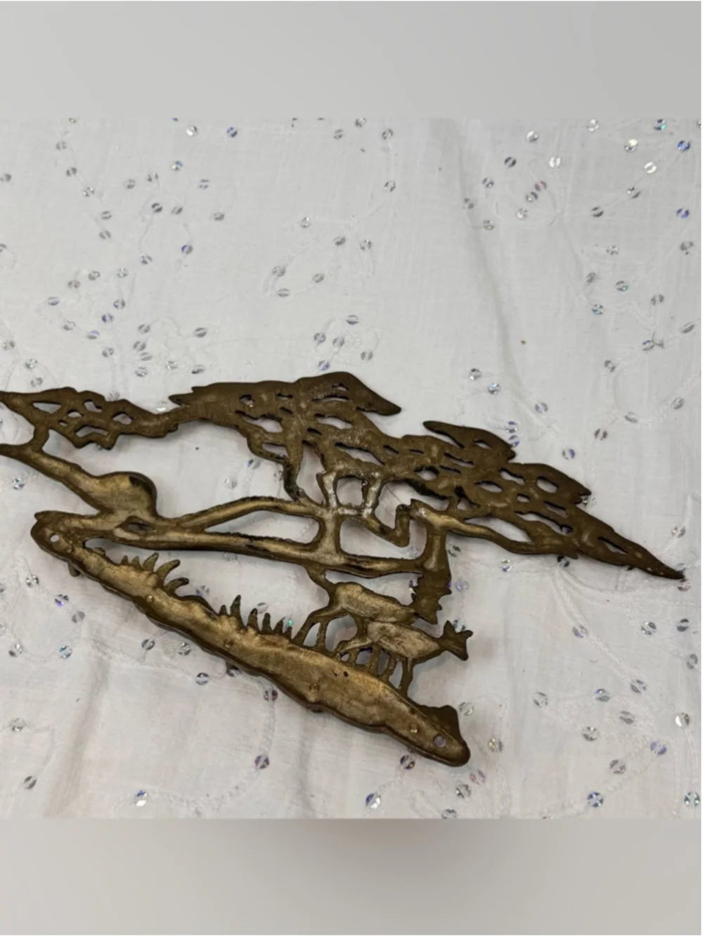 Vintage Mid Century Solid Brass Deer & Pine Tree Wall Key Rack- 5 Hooks 12”